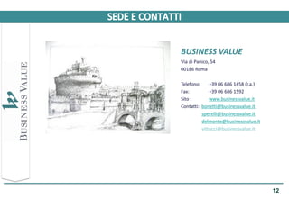 BUSINESS VALUE
Via di Panico, 54
00186 Roma

Telefono:     +39 06 686 1458 (r.a.)
Fax:          +39 06 686 1592
Sito :        www.businessvalue.it
Contatti: bonetti@businessvalue.it
          sperelli@businessvalue.it
          delmonte@businessvalue.it
          vittucci@businessvalue.it




                                       12
 