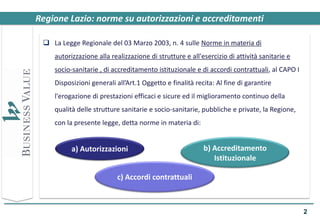 Regione Lazio: norme su autorizzazioni e accreditamenti

  La Legge Regionale del 03 Marzo 2003, n. 4 sulle Norme in materia di
    autorizzazione alla realizzazione di strutture e all'esercizio di attività sanitarie e
    socio-sanitarie , di accreditamento istituzionale e di accordi contrattuali, al CAPO I
    Disposizioni generali all’Art.1 Oggetto e finalità recita: Al fine di garantire
    l'erogazione di prestazioni efficaci e sicure ed il miglioramento continuo della
    qualità delle strutture sanitarie e socio-sanitarie, pubbliche e private, la Regione,
    con la presente legge, detta norme in materia di:


          a) Autorizzazioni                               b) Accreditamento
                                                             Istituzionale

                          c) Accordi contrattuali



                                                                                             2
 