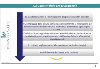 Gli Obiettivi della Legge Regionale


  La standardizzazione e l’ottimizzazione dei processi sanitari aziendali


Il Monitoraggio delle attività sanitarie aziendali tramite la misurazione e il
   controllo di parametri di efficacia e efficienza affiancati ad ogni singolo
                                   processo.
L’individuazione degli obiettivi sanitari aziendali e la loro declinazione in
 valori obiettivo dei singoli parametri di efficacia efficienza affiancati ai
                               singoli processi.

      Il continuo miglioramento delle prestazioni sanitarie aziendali.


                 La soddisfazione del cliente e del paziente.




                                                                                 6
 