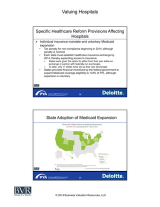 Valuing Hospitals
© 2014 Business Valuation Resources, LLC
Questions@BVResources.com
© 2014 Business Valuation Resources, LLC
Specific Healthcare Reform Provisions Affecting
Hospitals
Individual insurance mandate and voluntary Medicaid
expansion
Tax penalty for non-compliance beginning in 2014, although
penalty is nominal
Each state must establish healthcare insurance exchange by
2014, thereby expanding access to insurance
States were given the option to either form their own state-run
exchange or partner with federally-run exchanges
To date, only 17 states have set up their own exchanges
States provided financial incentives by the federal government to
expand Medicaid coverage eligibility to 133% of FPL, although
expansion is voluntary
Questions@BVResources.com
© 2014 Business Valuation Resources, LLC
State Adoption of Medicaid Expansion
 