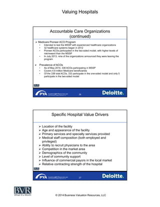 Valuing Hospitals
© 2014 Business Valuation Resources, LLC
Questions@BVResources.com
© 2014 Business Valuation Resources, LLC
Accountable Care Organizations
(continued)
Medicare Pioneer ACO Program
Intended to test the MSSP with experienced healthcare organizations
32 healthcare systems began in 2012
Pioneer ACOs participated in the two-sided model, with higher levels of
risk/reward than the MSSP
In July 2013, nine of the organizations announced they were leaving the
program
Prevalence of ACOs
As of May 2014, 338 ACOs participating in MSSP
Covers 4.9 million Medicare beneficiaries
Of the 338 total ACOs, 333 participate in the one-sided model and only 5
participate in the two-sided model
Questions@BVResources.com
© 2014 Business Valuation Resources, LLC
Specific Hospital Value Drivers
Location of the facility
Age and appearance of the facility
Primary services and specialty services provided
Medical staff composition (both employed and
privileged)
Ability to recruit physicians to the area
Competition in the market area
Demographics of the community
Level of community support
Influence of commercial payors in the local market
Relative contracting strength of the hospital
 