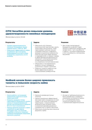 !"!"
CITIC Securities резко повысили уровень
удовлетворенности линейных менеджеров
Финансовые услуги, Китай
Nedbank начали более широко привлекать
таланты и повысили скорость найма
Финансовые услуги, ЮАР
Важность оценки талантов для бизнеса
Результаты Задача Решение
! !
! !
!
!
!
!
!Уровень удовлетворенности
линейных менеджеров своими
кадрами вырос с 80% до 95%
Повысилась эффективность найма
за рубежом; при этом время,
затрачиваемое на отсев и отбор
кандидатов, сократилось почти
на месяц
Обеспечить рост бизнеса
в долгосрочной перспективе, нанять
талантливых выпускников, чтобы
гарантировать наличие сильной
«скамейки запасных» (кадрового
резерва) на различных должностях
в быстро растущих видах бизнеса
и подразделениях, в первую очередь
в сфере брокерской деятельности,
связанной с капиталовложениями,
в инвестиционном банкинге
и в управлении личными финансами
Объективно и последовательно
выявлять лучших кандидатов
в различных странах и регионах
Повысить скорость найма за счет
более эффективной работы
с выпускниками университетов
Для отсева неподходящих
кандидатов на ранней стадии
процесса найма были внедрены два
онлайн-теста – тест способности
к работе с числовой информацией
и тест способности к логическому
мышлению
Результаты Задача Решение
! !
! !
!
!
!
!
!
!Начата работа с источниками
привлечения талантов по всей
территории ЮАР
Каждому кандидату теперь
гарантируется возможность пройти
оценку в специализированном
центре, расположенном в пределах
50 км от места проживания
Период принятия решения о найме
сократился на две недели
благодаря тому, что понятная
и удобная отчетность позволяет
линейным менеджерам оперативно
принимать решения
Увеличить резерв доступных
талантов
Сделать возможным эффективный
массовый найм сотрудников по всей
стране, в том числе на отдаленных
территориях с ограниченными
возможностями интернет-связи
и нехваткой квалифицированных
специалистов по оценке персонала
Обеспечить более быстрое принятие
решений о найме
Исходя из требований должности
были разработаны и внедрены
уникальные инструменты оценки,
в т. ч. ситуационные тесты
(situational judgement tests)
с применением видеотехнологий
 