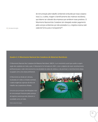 O Movimento Nacional dos Catadores de Materiais Recicláveis, MNCR, é um movimento social que auxilia a organi-
zação dos catadores em todo o país. O Movimento foi formado em 2001, e tem o objetivo de trazer reconhecimento
profissional para o valor sócio-economico da atividade de coleta de resíduos, e de promover o reconhecimento dessa
ocupação como uma classe profissional.
O Movimento se divide em câmaras,
localizadas em todos os Estados do Brasil,
e adota exigências rigorosas de ética de
trabalho das cooperativas afiliadas.
Uma de suas principais reivindicações é ob-
ter remuneração financeira pelos serviços
de logística reversa que eles oferecem à
sociedade como um todo.
Quadro 2: O Movimento Nacional dos Catadores de Materiais Recicláveis
Fonte: www.mncr.org.br
de remuneração pelo trabalho ambiental conduzido por essas coopera-
tivas (i.e, a coleta, triagem e beneficiamento dos materiais recicláveis),
que deveria ser cobrado das empresas que venderam esses produtos. O
Movimento Nacional dos Catadores tem desejado receber pagamento
pelos serviços ambientais por eles prestados (i.e, a logística reversa reali-
zada) de forma justa e transparente30.30_Ver www.mncr.org.br.
15
 