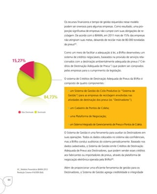Os recursos financeiros e tempo de gestão requeridos nesse modelo
podem ser onerosos para algumas empresas. Como resultado, uma pro-
porção significativa de empresas não cumpre com suas obrigações de re-
ciclagem. De acordo com o IBAMA, em 2011 mais de 15% das empresas
não atingiram suas metas, deixando de reciclar mais de 80.000 toneladas
de pneus43.
Como um meio de facilitar a adequação à lei, a BVRio desenvolveu um
sistema de créditos negociáveis, baseados na provisão de serviços rela-
cionados com a destinação ambientalmente adequada de pneus (“Cré-
ditos de Destinação Adequada de Pneus”) que podem ser comprados
pelas empresas para o cumprimento da legislação.
O sistema de Créditos de Destinação Adequada de Pneus da BVRio é
composto de quatro componentes :
• um Sistema de Gestão do Ciclo Produtivo (o “Sistema de
Gestão”) para as empresas de reciclagem envolvidas nas
atividades de destinação dos pneus (os “Destinadores”);
• um Cadastro de Pontos de Coleta;
• uma Plataforma de Negociação;
• um Sistema Integrado de Gerenciamento de Pneus e Pontos de Coleta.
O Sistema de Gestão é uma ferramenta para auxiliar os Destinadores em
suas operações. Todos os dados colocados no sistema são confidenciais,
mas a BVRio conduz auditorias do sistema periodicamente. Baseado nos
dados cadastrados, o Sistema de Gestão emite Créditos de Destinação
Adequada de Pneus aos Destinadores, que podem vender esses créditos
aos fabricantes ou importadores de pneus, através da plataforma de
negociação eletrônica operada pela BVRio44.
Além de proporcionar uma eficiente ferramenta de gestão para os
Destinadores, o Sistema de Gestão agrega credibilidade e integridade
43_ Relatório Pneumáticos IBAMA 2012/
Resolução Conama 416/2009 (ibid).
15,27%
84,73%
Não Destinado Destinado
44
 