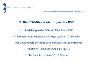 Besuch Bibliothekar/innen Niederösterreich – 13. Mai 2010 3. Die EDV-Dienstleistungen des BVS Umstellungen der ÖBs auf Bibliotheca2000 Marktsichtung neues Bibliotheksprogramm für Schulen Vor-Ort-Einsätze zur Betreuung der Bibliotheksprogramme Zentraler Reinigungsdienst für DVDs Technische Hotline (20 h / Woche) 