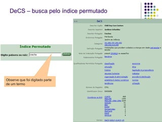DeCS – busca pelo índice permutado Observe que foi digitado parte de um termo 