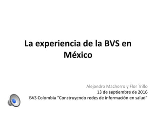 La experiencia de la BVS en
México
Alejandro Machorro y Flor Trillo
13 de septiembre de 2016
BVS Colombia “Construyendo redes de información en salud”
 