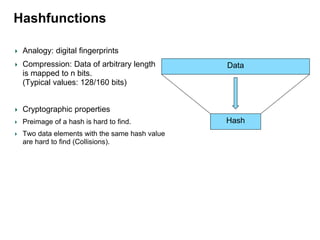 Hashfunctions
Analogy: digital fingerprints
Compression: Data of arbitrary length
is mapped to n bits.
(Typical values: 128/160 bits)
Cryptographic properties
Preimage of a hash is hard to find.
Two data elements with the same hash value
are hard to find (Collisions).
Data
Hash
 
