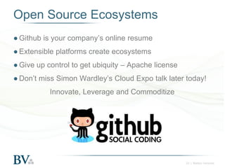 Open Source Ecosystems
● Github is your company’s online resume

● Extensible platforms create ecosystems
● Give up control to get ubiquity – Apache license
● Don’t miss Simon Wardley’s Cloud Expo talk later today!

Innovate, Leverage and Commoditize

23 | Battery Ventures

 
