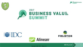 #BVSummit
Why Business Value is So Important
1
Tom Pisello
CEO / Founder
tom@alinean.com
@tpisello
@AlineanROI
http://www.alinean.com
Copyright © 2001-2017 Alinean, Inc
Randy Perry
Vice President,
Business Value Consulting
@IDC
http://www.idc.com
 