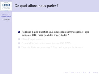 Vibrations au 
poste de travail 
F. Krajcarz 
De quoi allons-nous parler ? 
1 Reponse a une question que nous nous sommes posee : des 
mesures, OK, mais quid des incertitudes ? 
2 Plan d'experiences 
3 Calcul d'incertitudes selon norme ISO 5725 
4 Des resultats surprenants ? Pas tant que ca  
