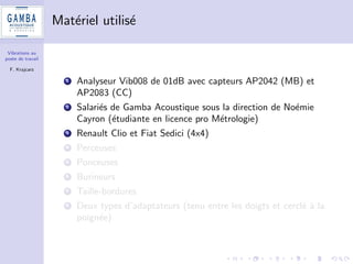 Vibrations au 
poste de travail 
F. Krajcarz 
Quelle variabilite (repetabilite, reproductibilite) ? 
1 La demande industrielle : aller a l'essentiel et si possible pas cher 
2 Cahier des charges du travail a realiser : 
dans des conditions de terrain (outils et modes operatoires 
pseudo-identiques) 
sur des durees de quelques minutes, repetees plusieurs fois 
3 Estimer les incertitudes 
 