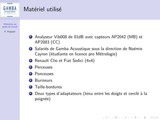 Vibrations au 
poste de travail 
F. Krajcarz 
Campagne d'essais - cahier des charges 
1 Equipements du commerce : voitures, perceuses, ponceuses, 
burineurs, taille-bordures 
2 Plan d'experiences (Goupy et Creighton Ed. Dunod) + 
application norme ISO 5725-2 (reproductibilite d'une methode 
mise en uvre par dierents laboratoires) 
3 Conditions de repetabilite et de reproductibilite : plusieurs 
operateurs realisent plusieurs fois la m^eme operation. 
 
