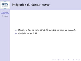 Vibrations au 
poste de travail 
F. Krajcarz 
Materiel utilise 
1 Analyseur Vib008 de 01dB avec capteurs AP2042 (MB) et 
AP2083 (CC) 
2 Salaries de Gamba Acoustique sous la direction de Noemie 
Cayron (etudiante en licence pro Metrologie) 
3 Renault Clio et Fiat Sedici (4x4) 
4 Perceuses 
5 Ponceuses 
6 Burineurs 
7 Taille-bordures 
8 Deux types d'adaptateurs (tenu entre les doigts et cercle a la 
poignee) 
 