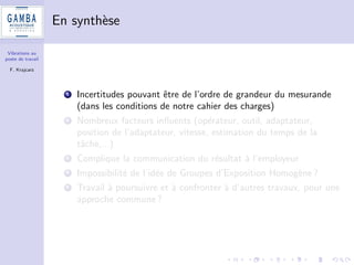 Vibrations au 
poste de travail 
F. Krajcarz 
Materiel utilise 
1 Analyseur Vib008 de 01dB avec capteurs AP2042 (MB) et 
AP2083 (CC) 
2 Salaries de Gamba Acoustique sous la direction de Noemie 
Cayron (etudiante en licence pro Metrologie) 
3 Renault Clio et Fiat Sedici (4x4) 
4 Perceuses 
5 Ponceuses 
6 Burineurs 
7 Taille-bordures 
8 Deux types d'adaptateurs (tenu entre les doigts et cercle a la 
poignee) 
 