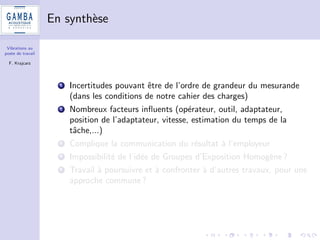 Vibrations au 
poste de travail 
F. Krajcarz 
Materiel utilise 
1 Analyseur Vib008 de 01dB avec capteurs AP2042 (MB) et 
AP2083 (CC) 
2 Salaries de Gamba Acoustique sous la direction de Noemie 
Cayron (etudiante en licence pro Metrologie) 
3 Renault Clio et Fiat Sedici (4x4) 
4 Perceuses 
5 Ponceuses 
6 Burineurs 
7 Taille-bordures 
8 Deux types d'adaptateurs (tenu entre les doigts et cercle a la 
poignee) 
 