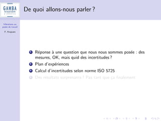 Vibrations au 
poste de travail 
F. Krajcarz 
De quoi allons-nous parler ? 
1 Reponse a une question que nous nous sommes posee : des 
mesures, OK, mais quid des incertitudes ? 
2 Plan d'experiences 
3 Calcul d'incertitudes selon norme ISO 5725 
4 Des resultats surprenants ? Pas tant que ca  
