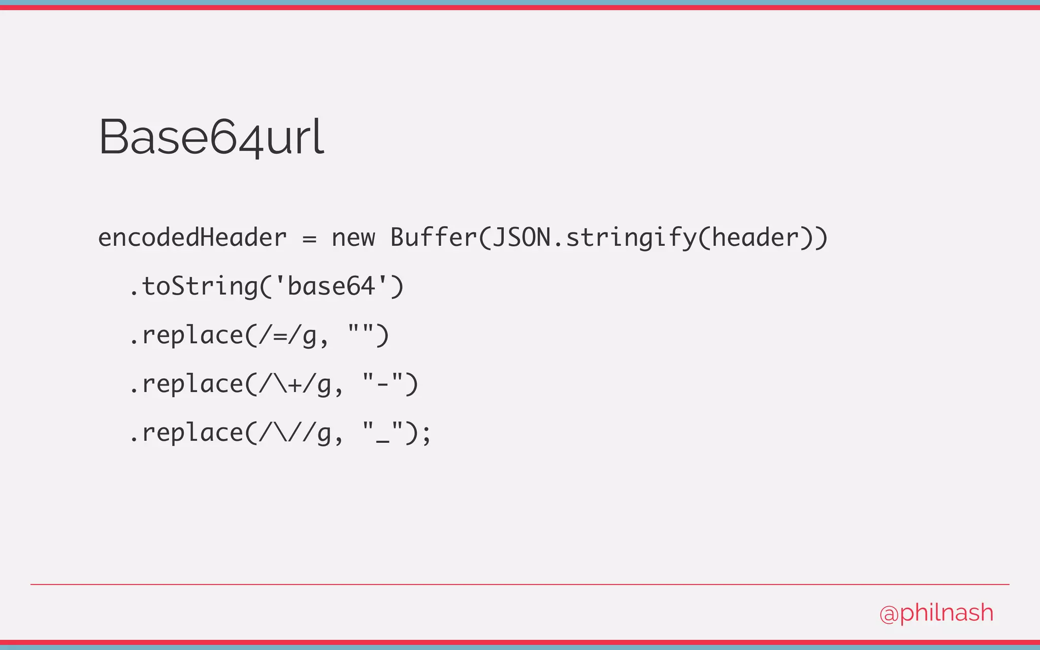 Base64url
encodedHeader = new Buffer(JSON.stringify(header))
.toString('base64')
.replace(/=/g, "")
.replace(/+/g, "-")
.replace(///g, "_");
@philnash
 