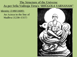Identity (1480-1600):
An Acärya in the line of
Madhva (1238–1317)
The Structure of the Universe
As per Srila Vädiraja Tirta’s “BHÜGOLA VARNANAM”
 