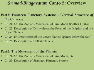 Çrémad-Bhägavatam Canto 5: Overview
Part2: Fourteen Planetary Systems - ‘Vertical Structure of
the Universe’
• Ch 21-22: The Zodiac - Movement of Sun, Moon & other Grahas
• Ch 23: Description of Dhruvaloka, the Form of the Dolphin and the
Upper Planets
• Ch 24-25: Description of the Lower Planets (places below the Sun)
• Ch 26: Description of Hellish Planets
Part3: The Movement of the Planets
• Ch 21-22: The Zodiac - Movement of Sun, Moon, etc…
• Ch 23: Description of Sisumara Planetary System
 