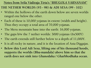 THE NETHER WORLDS (93 - 98) & ADI SESA (99 - 102)
• Within the hollows of the earth down below are seven worlds
ranged one below the other.
• Each of these is 10,000 yojanas in extent (width and height).
Thus they occupy a total area of 70,000 yojanas.
• The Meru mountain base into the earth: 16,000 yojanas.
• The gaps b/w the 7 nether worlds: 3000 yojanas (6x500Y)
• The earth extends still further below to a depth of 11,000Y.
• It is all rocky in nature, and it is the location of Asta Diggajas.
• Below this Lord Adi Sesa, lifting one of his thousand hoods,
supports the worlds (Bhu-mandala) above him so that the
earth does not sink into Ghanodaka / Gharbhodhaka ocean.
Notes from Srila Vädiraja Tirta’s “BHUGOLA VARNANAM”
 