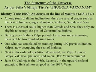 Identity (1480-1600): An Acarya in the line of Madhva (1238–1317)
• Among souls of divine inclination, there are several grades such as
the best of humans, sages, demigods, Sankara, Garuda and Sesa.
• There is a class of souls, higher than Garuda and Sesa; they only are
eligible to occupy the post of Caturmukha Brahma.
• During every Brahma Kalpa period of creation and sustenance,
there will be two hundred such souls
• One who has completed his training during 199 previous Brahma
Kalpas, now occupying the seat of Brahma.
• Next in the order of gradation, downward, are Vayu, Latavya,
Gavya, Vaktavya, Jnatavya, and so on. (Ref: Vamana purana).
• Saint Sri Vadiraja is the 198th, 'Latavya', in the upward scale of
gradation. He is almost as good as the 199th, Vayu.
The Structure of the Universe
As per Srila Vädiraja Tirta’s “BHÜGOLA VARNANAM”
 