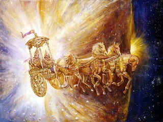 Ch 1: Priyavrata divides the Bhü-maëòala into 7 Dvipas & 7 Oceans
• Once he became dissatisfied with the circumambulation of the
Sun-god, because he was lighting only one side of the Sumeru
Hill.
• To make daylight in the other part of the universe, he
followed the orbit of the sun-god on a brilliant chariot in
seven circles for one year.
• Impressions created by the rims of his chariot wheels later
became seven oceans, dividing Bhü-maëòala into seven islands
& seven oceans.
• He had seven chariots each with one wheel, by the power of
his yoga.
• He made larger and larger chariots in succession, each one
twice the size of the previous one, traveling higher and higher
so that the inhabitants of his city in Äryävarta could see his
chariot even at a great distance.
 