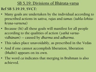 Ref SB 5.19.19, SVCT:
• Many goals are undertaken by the individual according to
prescribed actions in sattva, rajas and tamas (çukla-lohita-
kåñëa-varëena)
• Because (hi) all these goals will manifest for all people
according to the qualities of action (yathä varëa-
vidhänam) -- caused by dharma and adharma.
• This takes place unavoidably, as prescribed in the Vedas
• And if one cannot accomplish liberation, liberation
(bhakti) appears on its own.
• The word ca indicates that merging in Brahman is also
achieved.
SB 5.19: Divisions of Bhärata-varña
 