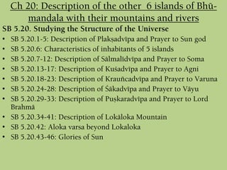 Ch 20: Description of the other 6 islands of Bhü-
maëòala with their mountains and rivers
SB 5.20. Studying the Structure of the Universe
• SB 5.20.1-5: Description of Plakñadvépa and Prayer to Sun god
• SB 5.20.6: Characteristics of inhabitants of 5 islands
• SB 5.20.7-12: Description of Sälmalédvépa and Prayer to Soma
• SB 5.20.13-17: Description of Kuçadvépa and Prayer to Agni
• SB 5.20.18-23: Description of Krauïcadvépa and Prayer to Varuna
• SB 5.20.24-28: Description of Çäkadvépa and Prayer to Väyu
• SB 5.20.29-33: Description of Puñkaradvépa and Prayer to Lord
Brahmä
• SB 5.20.34-41: Description of Lokäloka Mountain
• SB 5.20.42: Aloka varsa beyond Lokaloka
• SB 5.20.43-46: Glories of Sun
 