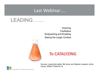 Copyright © 2013 Big Visible Solutions
#	
  3:	
  Shifting	
  The	
  Paradigm…	
  
To	
  CATALYZING	
  
Sources: Leadership Agility, Bill Joiner and Stephen Josephs; Action
Inquiry, William Torbert et. al.
Visioning
Facilitative
Empowering and Enabling
Seeing the Larger Context
Last	
  Webinar….	
  
LEADING…….
 
