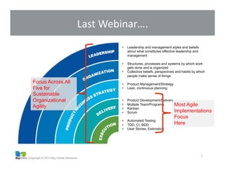 Copyright © 2013 Big Visible Solutions
Last	
  Webinar….	
  
7	
  
•  Leadership and management styles and beliefs
about what constitutes effective leadership and
management
•  Structures, processes and systems by which work
gets done and is organized
•  Collective beliefs, perspectives and habits by which
people make sense of things
•  Product Management/Strategy
•  Lean, continuous planning
•  Product Development/Delivery
•  Multiple Team/Programs
•  Kanban
•  Scrum
•  Automated Testing
•  TDD, CI, BDD
•  User Stories, Estimation
Most Agile
Implementations
Focus
Here
Focus Across All
Five for
Sustainable
Organizational
Agility
 
