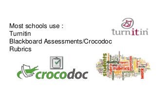 Most schools use :
Turnitin
Blackboard Assessments/Crocodoc
Rubrics
 