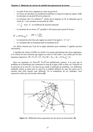 Chapitre 2 : Méthodes de calculs de stabilité des glissements de terrain
17
 Le poids W des terres, appliqué au centre de gravité G.
 Les forces de résistance au cisaillement mobilisées le long de la ligne de rupture AMB.
La résistance en un point M est la somme de :
 La résistance due à la cohésionc  , portée par la tangente en M, en admettant que la
valeur de c  soit constante en tout point de AMB :
sF
c
c  Avec : Fs : le coefficient de sécurité recherché.
 La résultante de ces forces K  parallèle à AB et passe par le point D tel que :
𝐾" = 2𝑟𝑠𝑖𝑛 𝛼0
𝑐" , 𝑂𝐷 = 𝑟
𝛼0
sin 𝛼0
 Le moment de cette force par rapport au centre O est égale à : cr 0
2
2  .
 La résistance due au frottement dont la résultante est R .
Les efforts transmis par l’eau de la nappe admettant pour résultante U appelée pression
interstitielle.
L’équilibre du volume ACBMA est vérifié si la somme géométrique des forces appliquées,
et la somme de leurs moments par rapport au centre O sont nulles ; ceci traduit par les deux
équations respectives : 𝑊⃗⃗⃗ + 𝑈⃗⃗ + 𝐾"⃗⃗⃗⃗ + 𝑅⃗ = 0⃗ et 𝑊𝑙 − 𝑈 𝑚 − 𝑅 𝑛 − 2𝑟2
𝑎0
𝑐
𝐹 𝑆
= 0.
Dans ces équations, les forces 𝑊⃗⃗⃗ , 𝑈⃗⃗ et 𝐾"⃗⃗⃗ sont parfaitement connues, il ne reste que le
problème de la distribution des contraintes le long de la ligne AMB, ni donc sur l’intensité ou
la direction de la force 𝑅⃗⃗ , c’est bien là que réside la difficulté du problème. Les différentes
méthodes misent au point pour le calcul de la stabilité diffèrent les unes des autres par la
manière dont elles traitent cette difficulté. Vu la multiplicité de ces méthodes, nous
exposerons celles qui sont les plus utilises [5].
Figure 14 : Différentes forces agissantes sur une masse en mouvement. [5]
(
1)
 