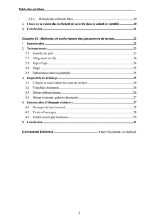 Table des matières
2
2.2.4 Méthode des éléments finis ............................................................................ 20
3 Choix de la valeur du coefficient de sécurité dans le calcul de stabilité................. 20
4 Conclusion.................................................................................................................... 21
Chapitre 03 : Méthodes de confortement des glissements de terrain........................ 22
1 Introduction ................................................................................................................. 22
2 Terrassements.............................................................................................................. 23
2.1 Remblai de pied ..................................................................................................... 23
2.2 Allègement en tête ................................................................................................. 24
2.3 Reprofilage............................................................................................................. 24
2.4 Purge ...................................................................................................................... 25
2.5 Substitution totale ou partielle ............................................................................... 25
3 Dispositifs de drainage................................................................................................ 25
3.1 Collecte et canalisation des eaux de surface .......................................................... 26
3.2 Tranchées drainantes.............................................................................................. 26
3.3 Drains subhorizontaux ........................................................................................... 26
3.4 Drains verticaux, galeries drainantes ..................................................................... 27
4 Introduction d’éléments résistants ............................................................................ 27
4.1 Ouvrages de soutènement ...................................................................................... 28
4.2 Tirants d’ancrages.................................................................................................. 28
4.3 Renforcement par inclusions.................................................................................. 29
5 Conclusion.................................................................................................................... 31
Conclusion Générale ......................................................... Error! Bookmark not defined.
 