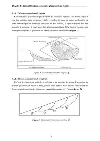 Chapitre 1 : Généralités et les causes des glissements du terrain
6
3.1.1.2 Glissements rotationnels simples
C’est le type de glissement le plus fréquent. La surface de rupture a une forme simple et
peut être assimilée à une portion de cylindre. L’analyse de risque de rupture par le calcul est
alors abordable par des méthodes classiques. Le plus souvent, la ligne de rupture peut être
assimilée à un cercle : il s’agit alors d’un glissement circulaire. Si la ligne de rupture a une
forme plus complexe, le glissement est appelé glissement non circulaire (figure 2).
Figure 2: Glissement rotationnel simple [2]
3.1.1.3 Glissements rotationnels complexes
Il s’agit de glissements multiples « emboîtés » les uns dans les autres. L’apparition de
premier glissement, en bas de la pente, conduit à une perte de butée pour les terres situées au
dessus, et ainsi provoque des glissements successifs remontant vers l’amont (figure 3).
Figure 3: Glissement rotationnel complexe [2]
 