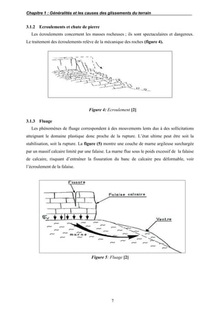 Chapitre 1 : Généralités et les causes des glissements du terrain
7
3.1.2 Ecroulements et chute de pierre
Les écroulements concernent les masses rocheuses ; ils sont spectaculaires et dangereux.
Le traitement des écroulements relève de la mécanique des roches (figure 4).
Figure 4: Ecroulement [2]
3.1.3 Fluage
Les phénomènes de fluage correspondent à des mouvements lents dus à des sollicitations
atteignant le domaine plastique donc proche de la rupture. L’état ultime peut être soit la
stabilisation, soit la rupture. La figure (5) montre une couche de marne argileuse surchargée
par un massif calcaire limité par une falaise. La marne flue sous le poids excessif de la falaise
de calcaire, risquant d’entraîner la fissuration du banc de calcaire peu déformable, voir
l’écroulement de la falaise.
Figure 5: Fluage [2]
 