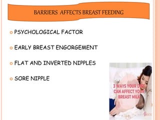 BARRIERS AFFECTS BREAST FEEDING
 PSYCHOLOGICAL FACTOR
 EARLY BREAST ENGORGEMENT
 FLAT AND INVERTED NIPPLES
 SORE NIPPLE
 