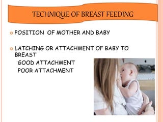  POSITION OF MOTHER AND BABY
 LATCHING OR ATTACHMENT OF BABY TO
BREAST
GOOD ATTACHMENT
POOR ATTACHMENT
TECHNIQUE OF BREAST FEEDING
 