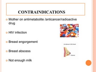 CONTRAINDICATIONS
 Mother on antimetabolite /anticancer/radioactive
drug
 HIV infection
 Breast engorgement
 Breast abscess
 Not enough milk
 