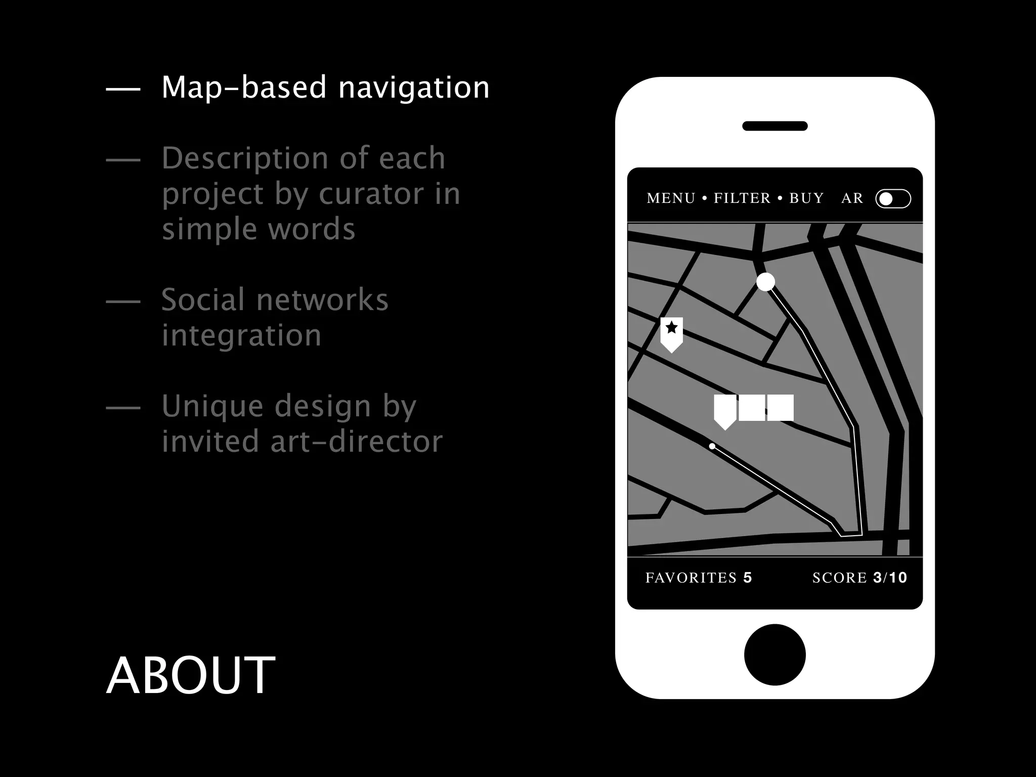 — Map-based navigation
— Description of each
   project by curator in
   simple words

— Social networks
   integration

— Unique design by         I

   invited art-director



                           5   3/10




ABOUT
 