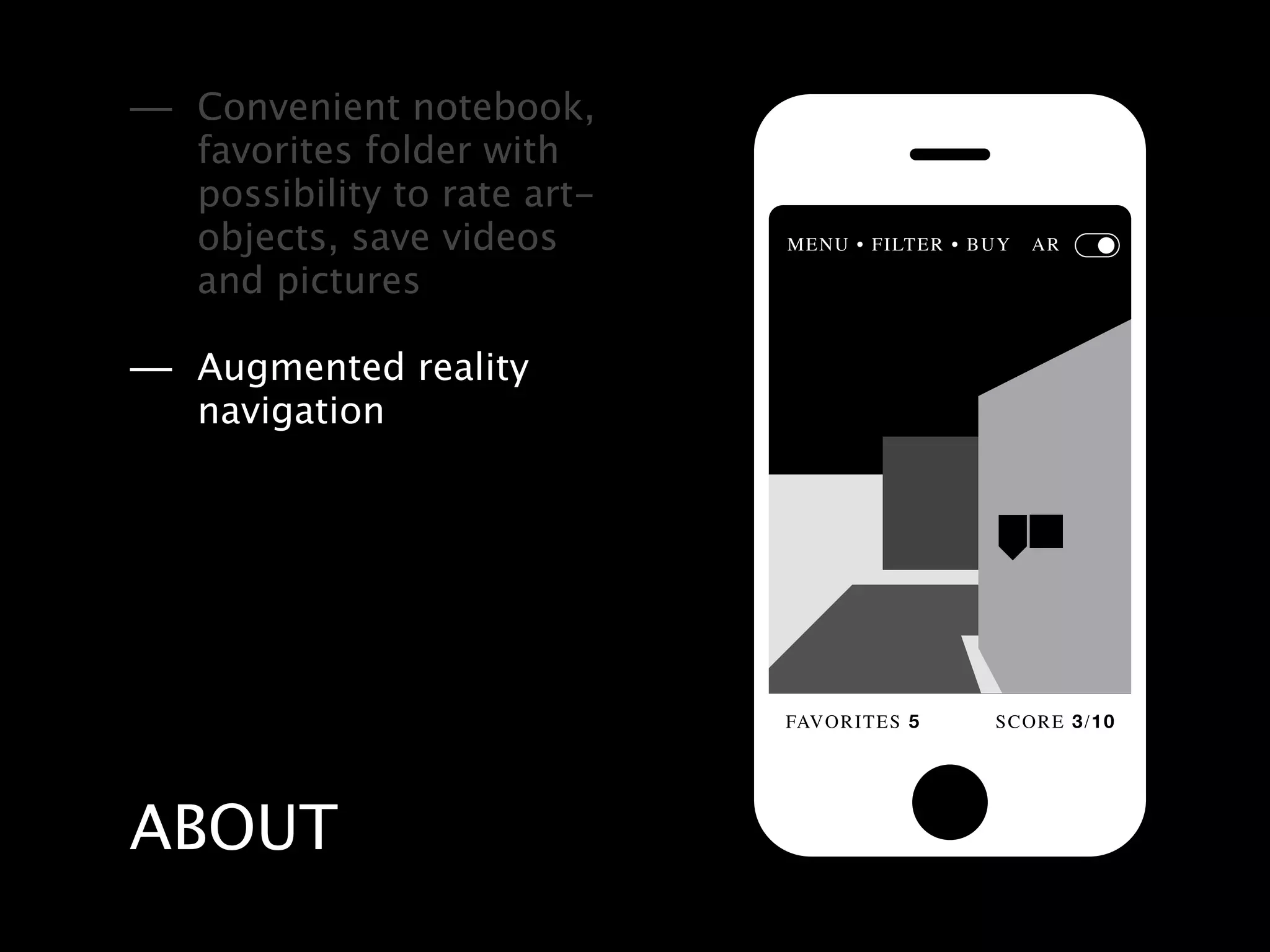 — Convenient notebook,
   favorites folder with
   possibility to rate art-
   objects, save videos                        AR

   and pictures

— Augmented reality
   navigation




                              FAVORITES 5   SCORE 3/10




ABOUT
 
