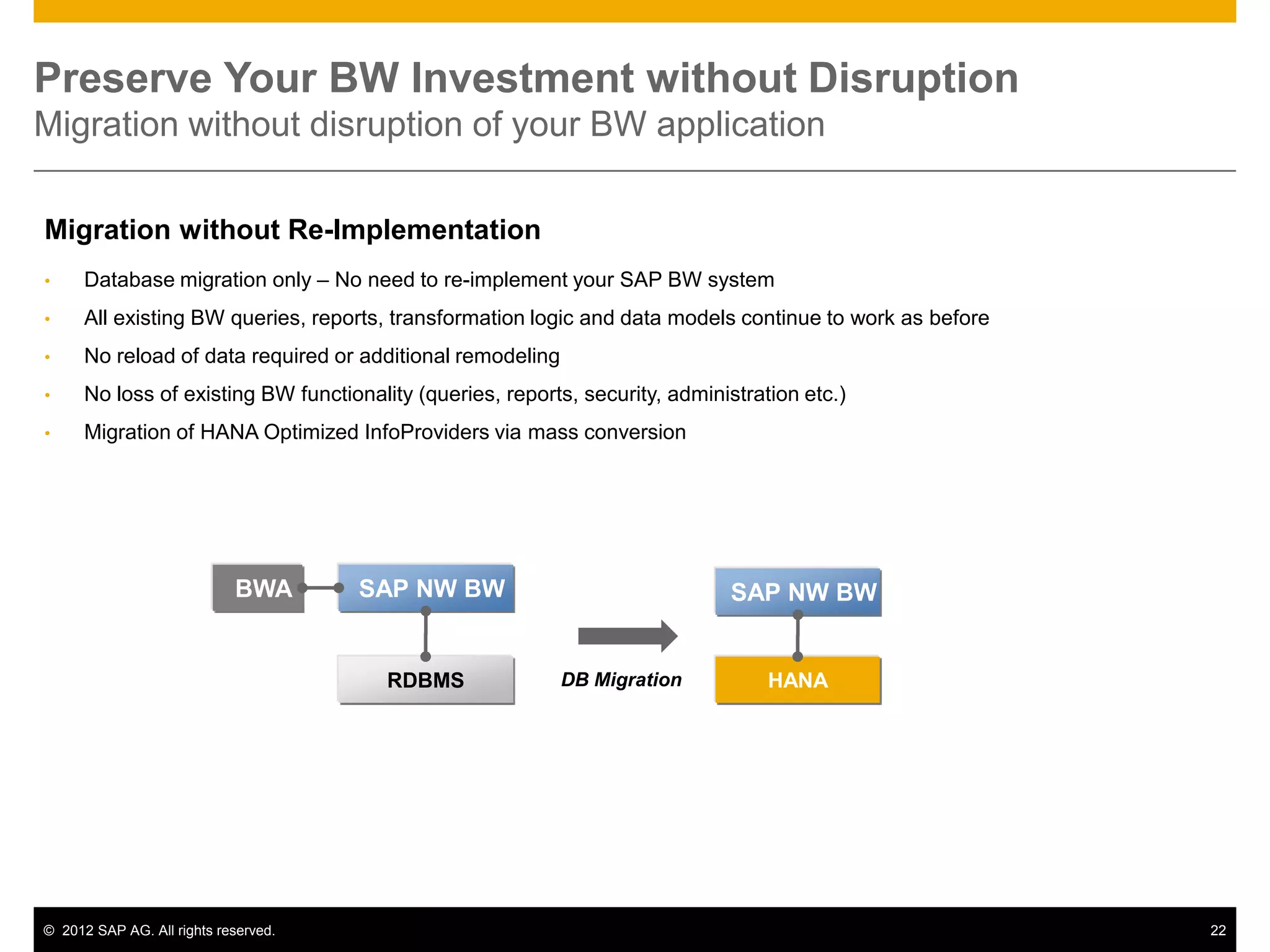 Preserve Your BW Investment without Disruption
Migration without disruption of your BW application

Migration without Re-Implementation
•     Database migration only – No need to re-implement your SAP BW system
•     All existing BW queries, reports, transformation logic and data models continue to work as before
•     No reload of data required or additional remodeling
•     No loss of existing BW functionality (queries, reports, security, administration etc.)
•     Migration of HANA Optimized InfoProviders via mass conversion




                            BWA       SAP NW BW                               SAP NW BW


                                        RDBMS               DB Migration           HANA




© 2012 SAP AG. All rights reserved.                                                                       22
 