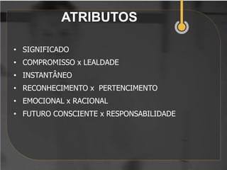 ATRIBUTOS

• SIGNIFICADO
• COMPROMISSO x LEALDADE
• INSTANTÂNEO
• RECONHECIMENTO x PERTENCIMENTO
• EMOCIONAL x RACIONAL
• FUTURO CONSCIENTE x RESPONSABILIDADE
 