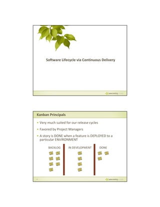 Software Lifecycle via Continuous Delivery

Kanban Principals
• Very much suited for our release cycles
• Favored by Project Managers
•A
A story is DONE when a feature is DEPLOYED to a 
i DONE h
f
i DEPLOYED
particular ENVIRONMENT
BACKLOG

18

IN DEVELOPMENT

DONE

 