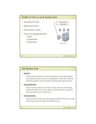 Profile of Tests at each Quality Gate
• Acceptance Tests

Tests critical
functions

• Regression Tests
•P f
Performance Tests
T
• Tests are categorized into
– READY
– QUARANTINE
– REGRESSION

Acceptance

21

GO Pipeline FAQ
• READY
These are tests that are in the Acceptance Test project which 
are ready, but with stories not completed. These tests will not 
block the pipeline. We should be observing this group of test
block the pipeline We should be observing this group of test

• QUARANTINE
These are tests which are known to fail, due to a certain bug 
(which will take time to fix). We do not mark them as ignored 
because these are still valid tests.

• REGRESSION
These are normal test that should pass 100% of the time. If they 
fail, please retry the respective block of test.

22

 