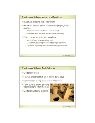 Continuous Delivery Values and Practices
• Automated testing and deployment
• Workflow handles check‐in to release (deployment 
pp
pipeline)
)
– Pipeline execution instances are versioned
– Pipeline output becomes an artifact in repository

• Teams own their build and workflow
– Use Ant/NAnt script to define build 
– Use Continuous Integration tool to design workflow
Use Continuous Integration tool to design workflow
– Elements: pipeline group, pipeline, stage, job and task

27

Continuous Delivery Anti‐Patterns
• Multiple branches
• Feature branches that are long‐lived (> 1 day)
•C
Commit tests taking longer than 10 minutes
i
ki l
h 10 i
• Team culture allows ignoring
what happens after check‐in
• Multiple builds in a pipeline

28

 