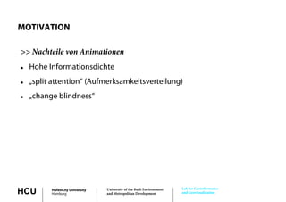 MOTIVATION

>> Nachteile von Animationen
   Hohe Informationsdichte
   „split attention“ (Aufmerksamkeitsverteilung)
   „change blindness“




                                                                       Lab for Geoinformatics
HCU       HafenCity University
          Hamburg
                                 University of the Built Environment
                                 and Metropolitan Development          and Geovisualization
 