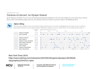 New York Times 2010:
 http://www.nytimes.com/interactive/2010/02/26/sports/olympics/20100226-
 olysymphony.html?src=tptw
   yy p     y          p
                                                                       Lab for Geoinformatics
HCU       HafenCity University
          Hamburg
                                 University of the Built Environment
                                 and Metropolitan Development          and Geovisualization
 