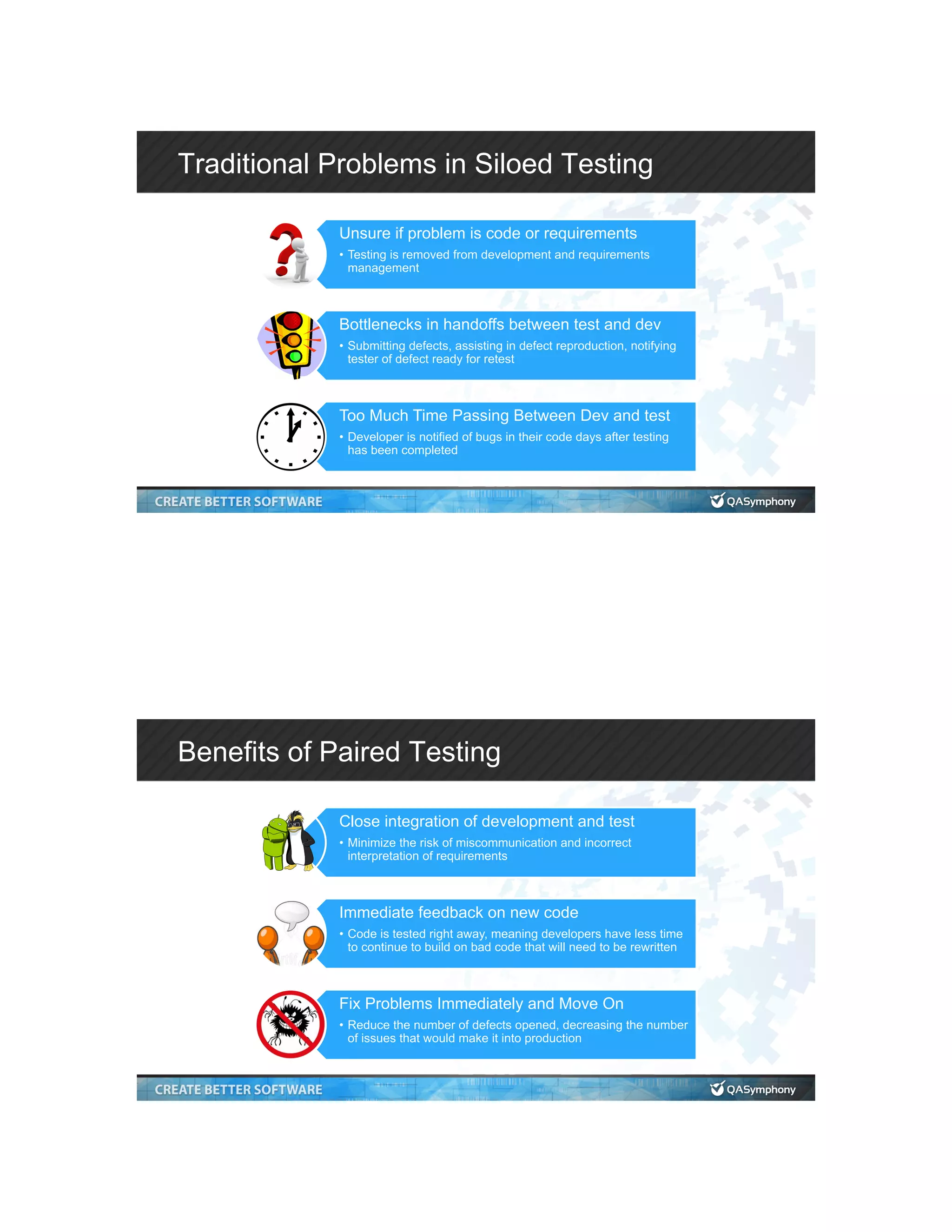Traditional Problems in Siloed Testing Unsure if problem is code or requirements •  Testing is removed from development and requirements management Bottlenecks in handoffs between test and dev •  Submitting defects, assisting in defect reproduction, notifying tester of defect ready for retest Too Much Time Passing Between Dev and test •  Developer is notified of bugs in their code days after testing has been completed Benefits of Paired Testing Close integration of development and test •  Minimize the risk of miscommunication and incorrect interpretation of requirements Immediate feedback on new code •  Code is tested right away, meaning developers have less time to continue to build on bad code that will need to be rewritten Fix Problems Immediately and Move On •  Reduce the number of defects opened, decreasing the number of issues that would make it into production 
