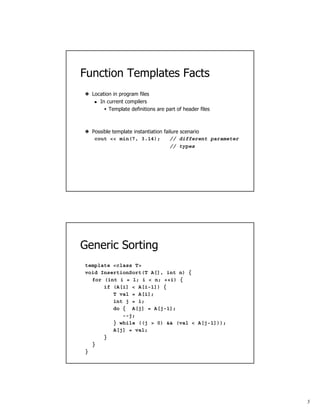 5
Function Templates Facts
Location in program files
In current compilers
Template definitions are part of header files
Po...